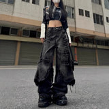 DERMEARNE American Retro High Street Punk Casual Baggy Jeans Fake Two Piece Patchwork Raw Edge Denim Pants Y2k Punk Wide Leg Trousers