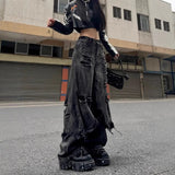 DERMEARNE American Retro High Street Punk Casual Baggy Jeans Fake Two Piece Patchwork Raw Edge Denim Pants Y2k Punk Wide Leg Trousers