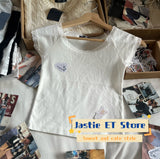 DERMEARNE American Style Black Polka Dot Lace Short Sleeve T-shirt Women Sexy Slash Neck Slim Retro Crop Top Cotton Blend Short Tees Shirt