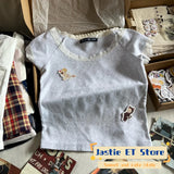 DERMEARNE American Style Black Polka Dot Lace Short Sleeve T-shirt Women Sexy Slash Neck Slim Retro Crop Top Cotton Blend Short Tees Shirt