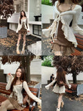 DERMEARNE American Style Vintage 2 Piece Set Spicy Girl Sexy Sleeveless Mini Dress + Knitted Ruffle Y2k Cardigan Korean Fashion Suit Woman