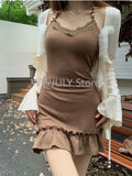 DERMEARNE American Style Vintage 2 Piece Set Spicy Girl Sexy Sleeveless Mini Dress + Knitted Ruffle Y2k Cardigan Korean Fashion Suit Woman
