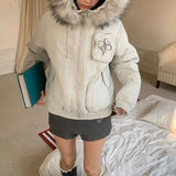 DERMEARNE American Vintage High Street Fur Collar Clothing Women's Parker Jacket Loose Casual Long Sleeve Embroidery Coats Fall Winter Top