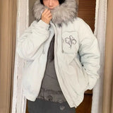 DERMEARNE American Vintage High Street Fur Collar Clothing Women's Parker Jacket Loose Casual Long Sleeve Embroidery Coats Fall Winter Top