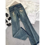 DERMEARNE American retro low-waisted jeans female autumn new embroidery old casual fashion temperament slim Joker bell bottoms.