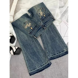 DERMEARNE American retro low-waisted jeans female autumn new embroidery old casual fashion temperament slim Joker bell bottoms.