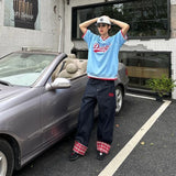 DERMEARNE American retro plaid patchwork rolled edge women jeans high street Harajuku loose wide leg straight leg men and women pants