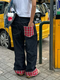 DERMEARNE American retro plaid patchwork rolled edge women jeans high street Harajuku loose wide leg straight leg men and women pants