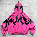 DERMEARNE American street print zipper long sleeved hooded sweatshirt cardigan jacket Y2K long pants casual set, men's and women's