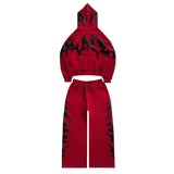 DERMEARNE American street print zipper long sleeved hooded sweatshirt cardigan jacket Y2K long pants casual set, men's and women's