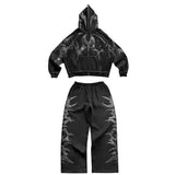 DERMEARNE American street print zipper long sleeved hooded sweatshirt cardigan jacket Y2K long pants casual set, men's and women's