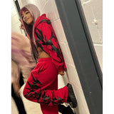 DERMEARNE American street print zipper long sleeved hooded sweatshirt cardigan jacket Y2K long pants casual set, men's and women's