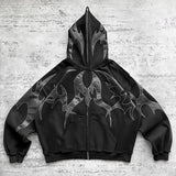 DERMEARNE American street print zipper long sleeved hooded sweatshirt cardigan jacket Y2K long pants casual set, men's and women's