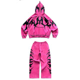 DERMEARNE American street print zipper long sleeved hooded sweatshirt cardigan jacket Y2K long pants casual set, men's and women's