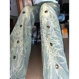 DERMEARNE American style jeans washed old tattoo jeans rivet bootcut trousers men and women couple high waist denim trousers  baggy jeans