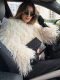 DERMEARNE Artificial Fur Effect Short Coat White Round Neck Curly Plush Coat Warm Women Overcoat Loose Fluffy Outwear Trends Streetwear