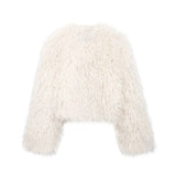 DERMEARNE Artificial Fur Effect Short Coat White Round Neck Curly Plush Coat Warm Women Overcoat Loose Fluffy Outwear Trends Streetwear