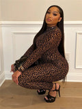 DERMEARNE Aualay Autumn Trend Leopard Flocking Skinny Jumpsuit Sexy Night Clubwear For Women 2025 Long Sleeve See Through One Piece Romper