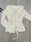 DERMEARNE Autumn Aesthetic Vintage Slim Knit Cardigan Women High Street Chic Long Sleeve Solid Ruffle Tops Female Goth Y2k Lace Up Top New