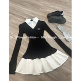 DERMEARNE Autumn American Vintage Shirt Pleated Dresses Women Clothing Slim Fit Polo Neck Long Sleeve Wool Black Short Party Dress Korean