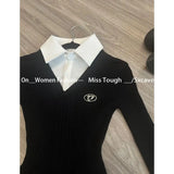 DERMEARNE Autumn American Vintage Shirt Pleated Dresses Women Clothing Slim Fit Polo Neck Long Sleeve Wool Black Short Party Dress Korean