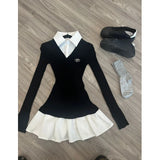 DERMEARNE Autumn American Vintage Shirt Pleated Dresses Women Clothing Slim Fit Polo Neck Long Sleeve Wool Black Short Party Dress Korean