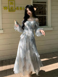 DERMEARNE Autumn French Print Fairy Long Dresses for Women Elegant Off Shoulder Ruffles A-Line Birthday Party Dress One Piece Vestidos New