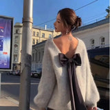 DERMEARNE Autumn New Hollow Design Sense Sweater French High Street Black Bow Long-sleeved Knitwear Fashion Loose Sexy Women's Clothing