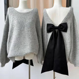 DERMEARNE Autumn New Hollow Design Sense Sweater French High Street Black Bow Long-sleeved Knitwear Fashion Loose Sexy Women's Clothing