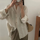 DERMEARNE Autumn New Loose Casual Versatile Striped Long Sleeved Shirt Korean Style Fashion Elegant Youthful Wind Polo-Neck Women's Top