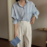 DERMEARNE Autumn New Loose Casual Versatile Striped Long Sleeved Shirt Korean Style Fashion Elegant Youthful Wind Polo-Neck Women's Top