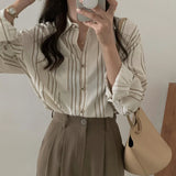 DERMEARNE Autumn New Loose Casual Versatile Striped Long Sleeved Shirt Korean Style Fashion Elegant Youthful Wind Polo-Neck Women's Top