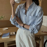 DERMEARNE Autumn New Loose Casual Versatile Striped Long Sleeved Shirt Korean Style Fashion Elegant Youthful Wind Polo-Neck Women's Top