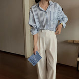 DERMEARNE Autumn New Loose Casual Versatile Striped Long Sleeved Shirt Korean Style Fashion Elegant Youthful Wind Polo-Neck Women's Top