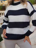 Dermearne Autumn Stripe Knit O-neck Women's Pullovers Lantern Sleeve Oversized Loose Sweater Autumn Casual Office outerwears