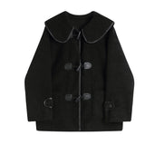 DERMEARNE Autumn Winter Black Lambswool Jacket Women Sailor Collar Cowl Buckle Thickened Overcoat Casual Loose Thermal Short Coat