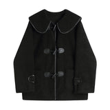 DERMEARNE Autumn Winter Black Lambswool Jacket Women Sailor Collar Cowl Buckle Thickened Overcoat Casual Loose Thermal Short Coat