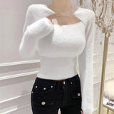 DERMEARNE Autumn Winter Korean Style Clothes Soft Pullovers Sweater Women Long Sleeve Sexy Slim Knitted Crop Tops Female Sueters De Mujer