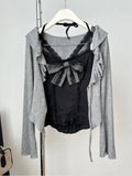 DERMEARNE Autumn Winter Lace Bow 3-piece Set Women Aesthetic Vintage Slim Long Sleeve Cardigan + Elastic Waist Ruffle Short Skirt Suit New