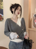 DERMEARNE Autumn Winter New Fashion V-neck Long Sleeve Contrast Color Pullovers Women's Clothing Patchwork Korean Loose Simplicity Tops
