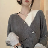 DERMEARNE Autumn Winter New Fashion V-neck Long Sleeve Contrast Color Pullovers Women's Clothing Patchwork Korean Loose Simplicity Tops