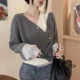 DERMEARNE Autumn Winter New Fashion V-neck Long Sleeve Contrast Color Pullovers Women's Clothing Patchwork Korean Loose Simplicity Tops