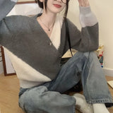 DERMEARNE Autumn Winter New Fashion V-neck Long Sleeve Contrast Color Pullovers Women's Clothing Patchwork Korean Loose Simplicity Tops