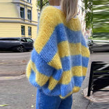 DERMEARNE Autumn Winter New O Collar Knitted Pullover Fashion Stripe Contrast Printed Sweater Casual Lantern Sleeve Loose Jumper For Women