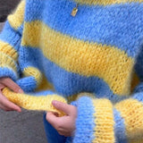 DERMEARNE Autumn Winter New O Collar Knitted Pullover Fashion Stripe Contrast Printed Sweater Casual Lantern Sleeve Loose Jumper For Women