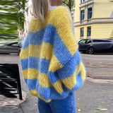 DERMEARNE Autumn Winter New O Collar Knitted Pullover Fashion Stripe Contrast Printed Sweater Casual Lantern Sleeve Loose Jumper For Women