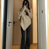 DERMEARNE Autumn Winter New Women Sweater Korean Fashion Chic Casual Turtleneck Solid Asymmetr Loose Batwing Sleeve Pullovers Knitted Tops