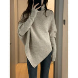 DERMEARNE Autumn Winter New Women Sweater Korean Fashion Chic Casual Turtleneck Solid Asymmetr Loose Batwing Sleeve Pullovers Knitted Tops