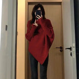 DERMEARNE Autumn Winter New Women Sweater Korean Fashion Chic Casual Turtleneck Solid Asymmetr Loose Batwing Sleeve Pullovers Knitted Tops