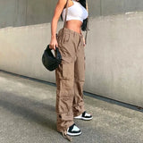 DERMEARNE Autumn/Winter New Womens Cargo Straight Trousers High Waist Loose Wide Leg Vintage Dad Jeans for Women